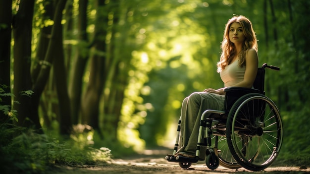 Foto la giovane donna si diverte su sedia a rotelle nella foresta verde del parco