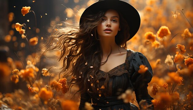 Young woman enjoying the beauty of nature in autumn generated by artificial intelligence