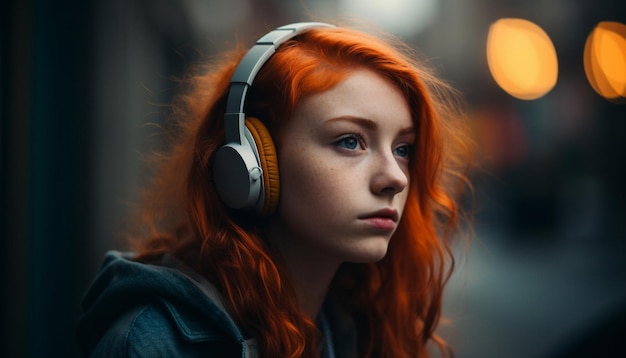 写真 人工知能によって生成されたヘッドフォンで街のナイトライフを楽しむ若い女性