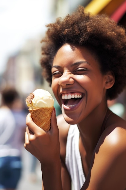 A young woman enjoying a cone of ice cream created with generative ai