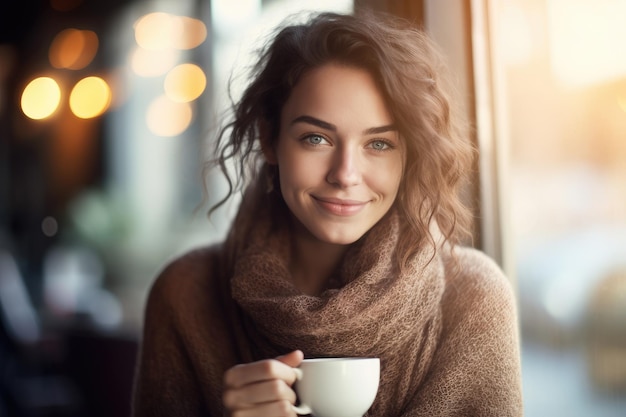 A young woman enjoying a cup of coffee at a trendy cafe Generative AI