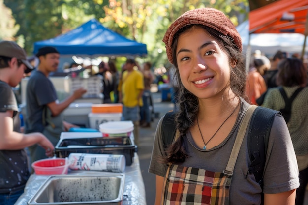 Молодая женщина наслаждается фермерским рынком на открытом воздухе, улыбается клиенту в обычной одежде, посещая местную еду.