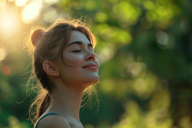 Young woman enjoying fresh air in park eyes closed