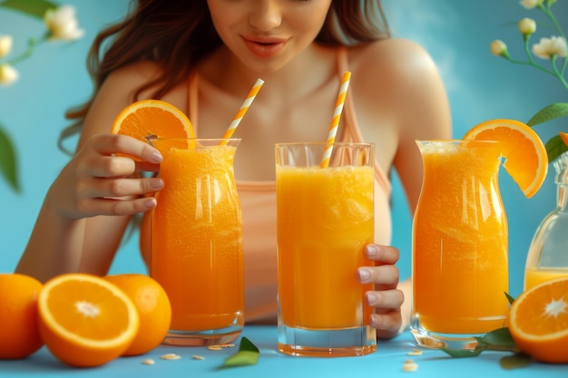 Photo young woman enjoying fresh orange juice summer drink on blue background with blooming flowers