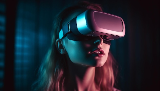 Young woman enjoying futuristic virtual reality simulator generated by AI