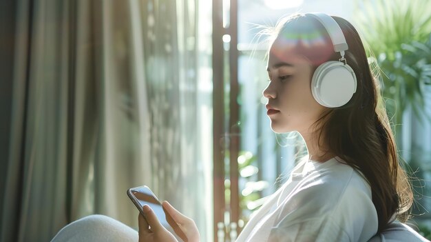 写真 近代的な家庭環境でヘッドフォンで音楽を楽しむ若い女性 スマートフォンでリラックスした女性 晴れた部屋で静かなレジャー活動を描いたai