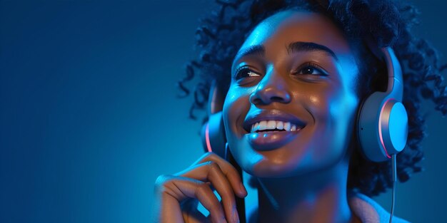 Young woman enjoying music with headphones in blue neon light portrait of happiness and lifestyle casual modern living AI