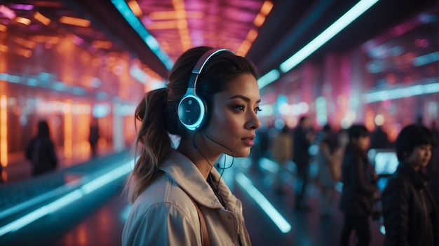 Foto giovane donna che si gode la musica con le cuffie in un vibrante neonlit