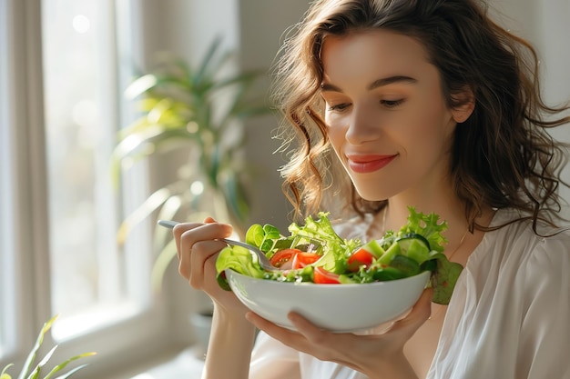 Молодая женщина наслаждается вкусным салатом на светлом фоне с копировальным пространством Генеративный ИИ