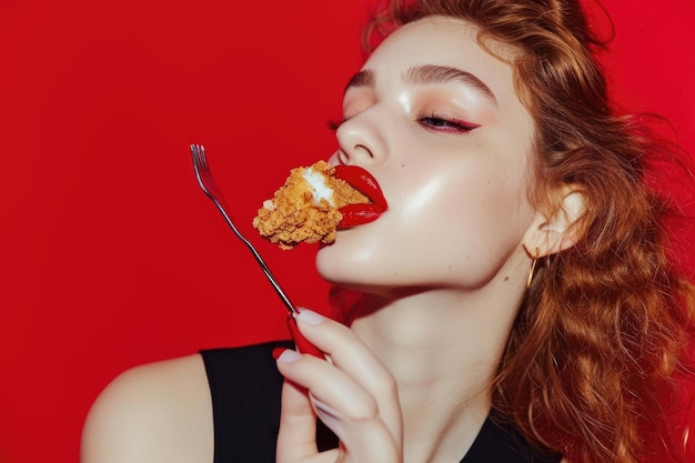 Young woman enjoying red lipstick and fried chicken in food pop art photography