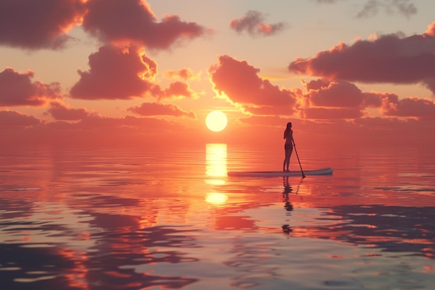 Young woman enjoying a serene sunset paddleboard s