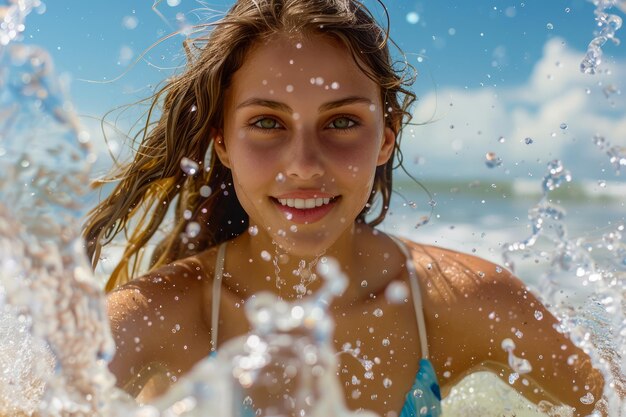 夏 の 楽しみ を 楽しん で いる 若い 女性 は,太陽 の 光 に 照らさ れ て いる 水 の 滴 と 共 に 海 に 散らばっ て い ます