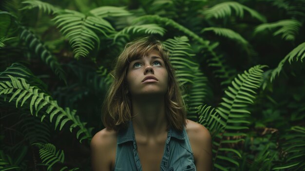 Photo young woman enjoying tranquil nature in lush greenery