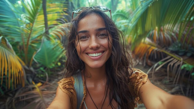 Foto giovane donna che si diverte di un'avventura tropicale nella rigogliosa foresta pluviale felicità e concetto di viaggio