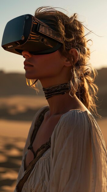 A young woman enjoying VR in desert with a landscape view Generative AI