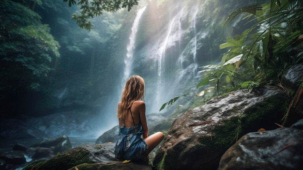 A young woman enjoys a jungle waterfall Generative AI