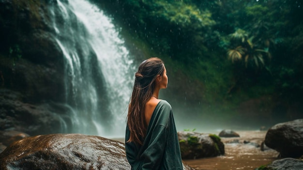 A young woman enjoys a jungle waterfall Generative AI