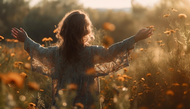 Young woman enjoys nature beauty at sunset generated by AI