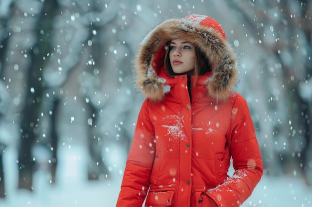 A young woman enjoys a snowy winter day wearing a bright red coat in a serene forest Premium AI generated image