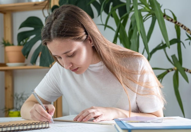 Молодая женщина европейской внешности рисует карандашом на белой бумаге. Графика. Процесс доктора