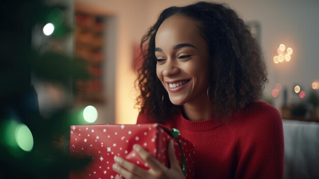 젊은 여자 는 거실 에 있는 크리스마스 트리 앞 에서 기쁜 마음 으로 선물 을 들고 있다