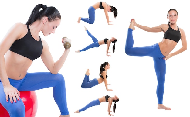 Young woman exercising collage yogafitnesspilate saerobics on isolated white background