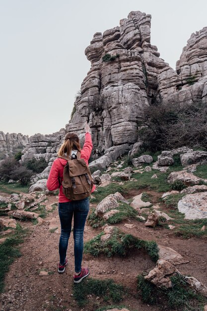 山を見て彼女のバックパックを持つ若い女性エクスプローラー。冒険、遠足、旅行のコンセプトです。