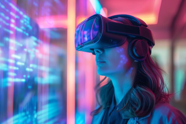 젊은 여성은 복잡한 빛으로 둘러싸인 VR 헤드을 통해 눈부신 사이버 세계를 탐험합니다.