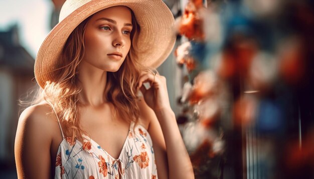 Young woman exudes confidence in fashionable summer wear generated by AI