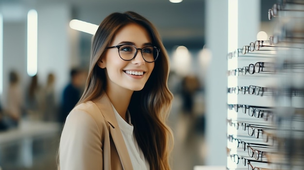 young woman in eyeglasses smiling at camera