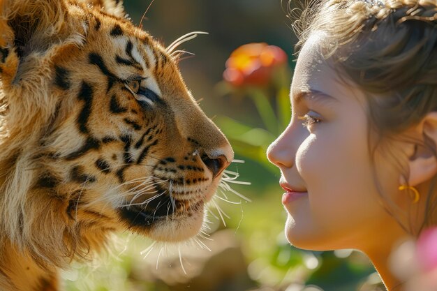 若い女性が壮大な虎と顔を向かい日光に照らされた自然環境で野生生物との親密な出会い