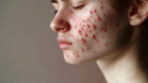 young woman face with visible acne blemishes highlighting the struggles of skincare