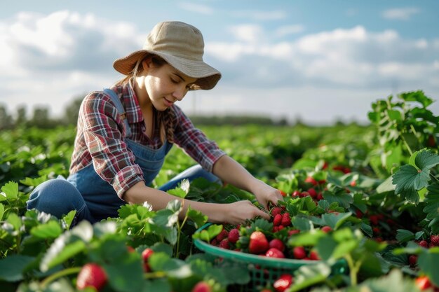 Foto giovane contadina o giardiniera che raccoglie fragole nel campo