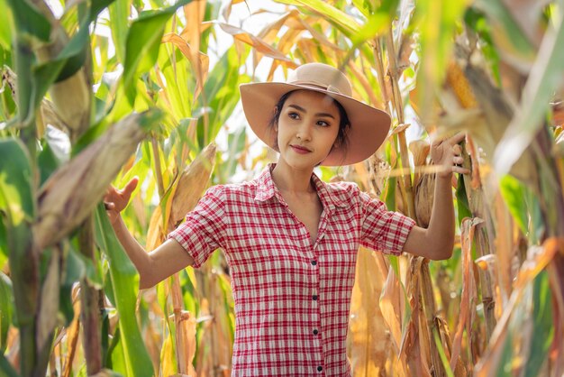 写真 農場で収穫する前に検査のために畑でトウモロコシの穂軸をサンプリングする若い女性農家
