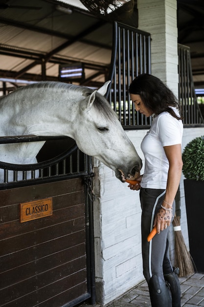 A young woman feeds carrots to a horse.