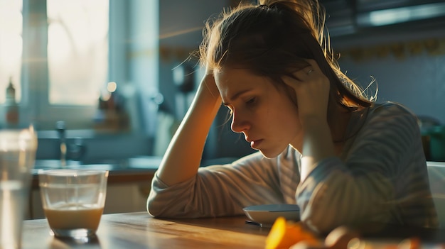 Photo young woman feeling nausea while seeing food at table in kitchen toxicosis during pr generative ai