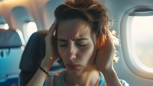 Молодая женщина чувствует стресс или болезнь во время поездки на самолете Головная боль, дискомфорт во время путешествия и тревога во время полета, запечатленные в откровенном стиле Эмоциональный опыт путешествия ИИ