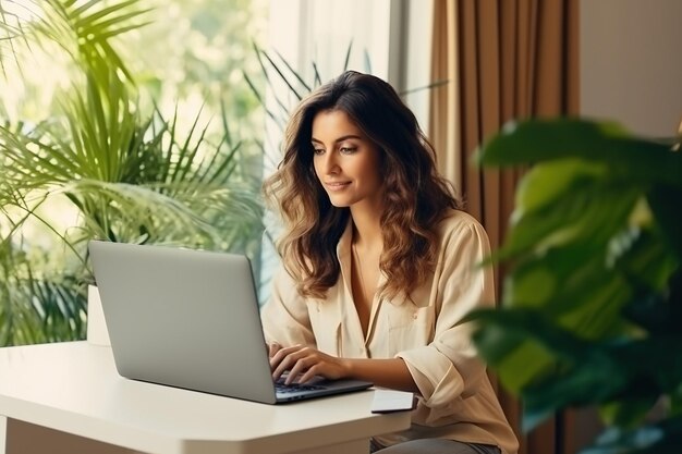 Young woman female latin employee using laptop remote working at home office looking at computer talking having hybrid virtual meeting learning english communicating by video call elearning webinar