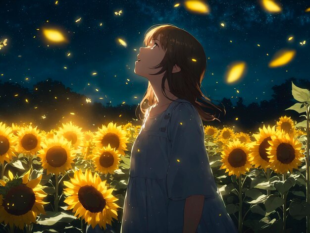 Young woman in a field of sunflowers at night