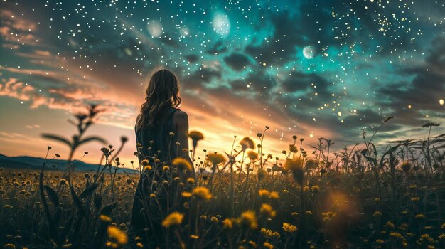 Photo young woman in the field with dandelions and starry sky