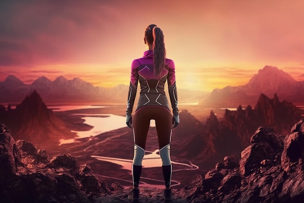 Молодая женщина в спортивной одежде стоит на вершине горы на закате, генерирующий ИИ