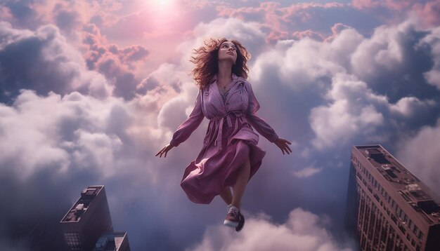 Young woman flies in midair through the sky high above manhattan spray painting the clouds neon
