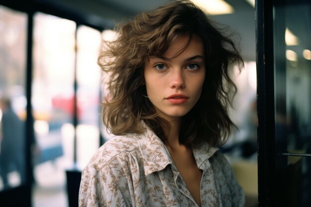 a young woman in a floral shirt looking at the camera