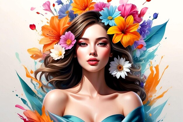 Photo young woman in flowers illustration international womens day celebration 3d rendering photo