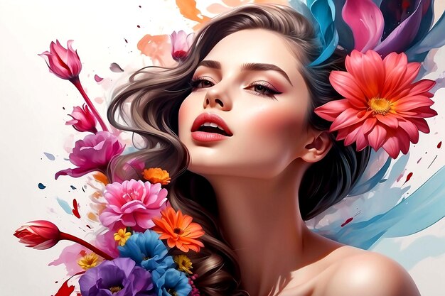 Young woman in flowers illustration international womens day celebration 3d rendering photo