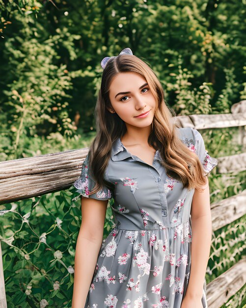 A young woman in a flowery dress posing outside