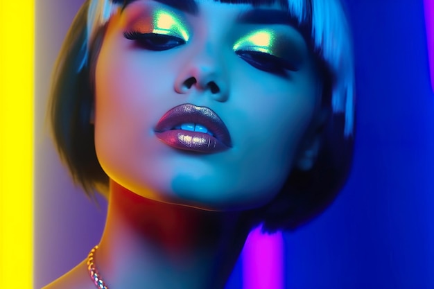 Young woman in fluorescent neon colors studio light