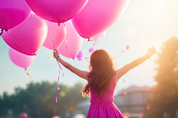 Young woman flying with pink baloons ai generative