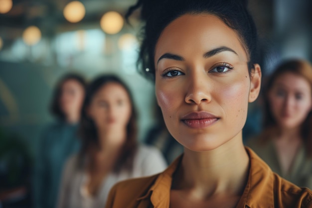 Foto young woman at the forefront her gaze exuding leadership and assurance