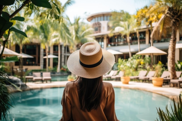 A young woman from Asia wearing a hat is enjoying a peaceful time next to a pool at an upscale hotel
